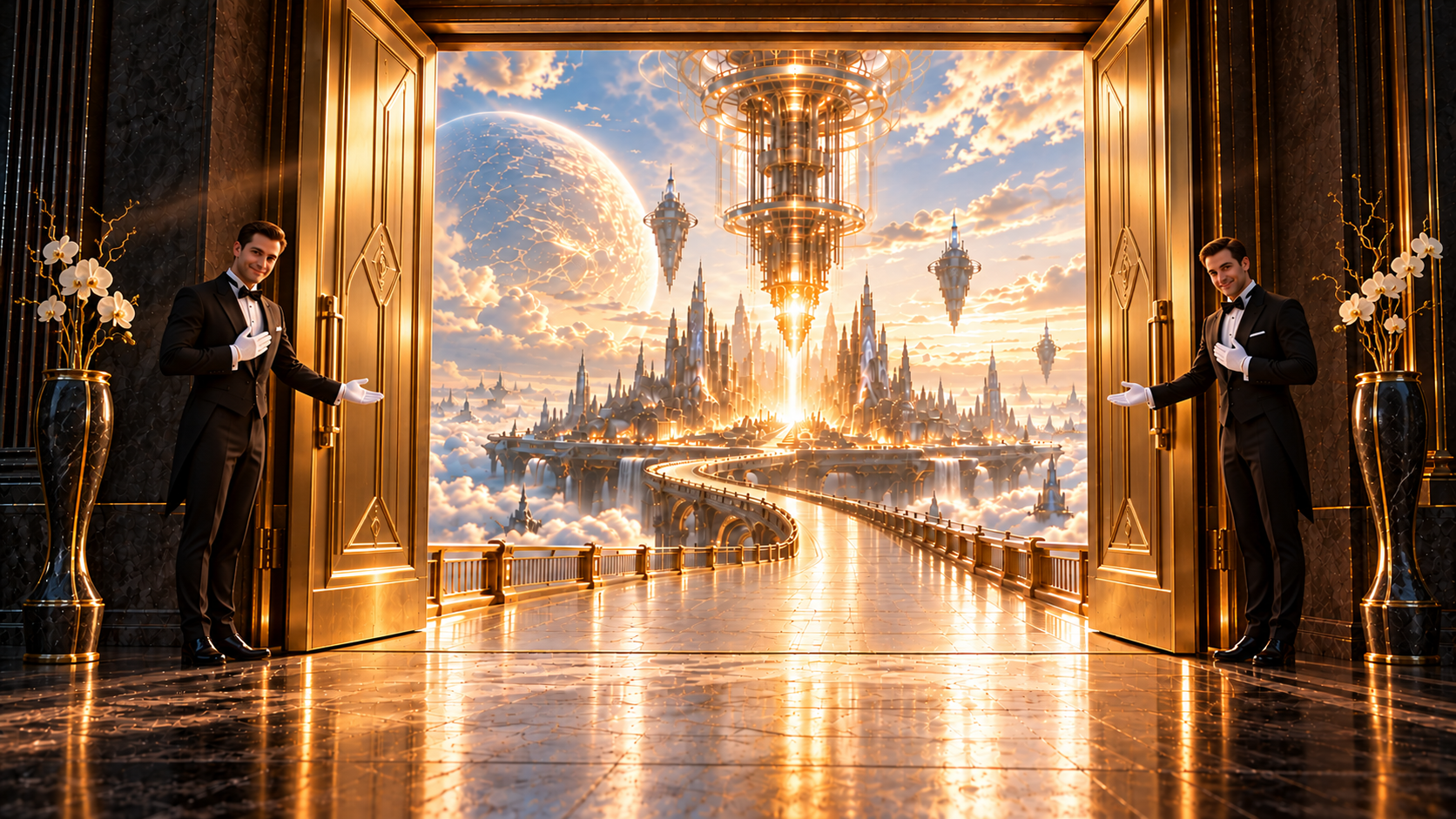 Golden doors open onto an imagined luminous city, waterfalls and a curved bridge